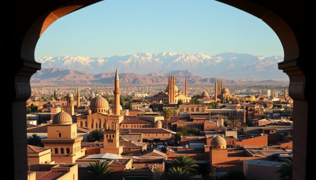 A breathtaking panorama of Marrakech's hidden historical gems. In the foreground, an ornate archway frames the scene, its intricate tilework glowing in the warm afternoon light. In the middle ground, ancient palaces and mosques rise up, their domed roofs and towering minarets casting long shadows across the bustling medina below. In the background, the majestic Atlas Mountains loom, their snow-capped peaks a dramatic contrast to the earthy tones of the city. The mood is one of timeless wonder, as if you've stepped back in time to uncover the secrets of this captivating Moroccan oasis. A breathtaking panorama of Marrakech's hidden historical gems. In the foreground, an ornate archway frames the scene, its intricate tilework glowing in the warm afternoon light. In the middle ground, ancient palaces and mosques rise up, their domed roofs and towering minarets casting long shadows across the bustling medina below. In the background, the majestic Atlas Mountains loom, their snow-capped peaks a dramatic contrast to the earthy tones of the city. The mood is one of timeless wonder, as if you've stepped back in time to uncover the secrets of this captivating Moroccan oasis.