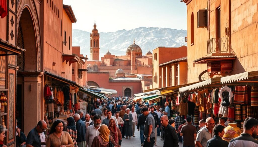 A bustling marketplace in the ancient Marrakech Medina, with colorful stalls and vendors selling traditional Moroccan wares. Narrow alleyways wind through the historic district, lined with ornate archways and intricate tilework. In the foreground, merchants haggle with customers, their voices echoing through the lively atmosphere. The middle ground features towering mud-brick buildings and ornate mosques, while the background is dominated by the snow-capped Atlas Mountains. Warm, golden sunlight filters through the stalls, casting a soft glow over the scene. Capture the timeless essence of this iconic Moroccan landmark, a living testament to the city's rich cultural heritage. Historical Sites in Marrakech