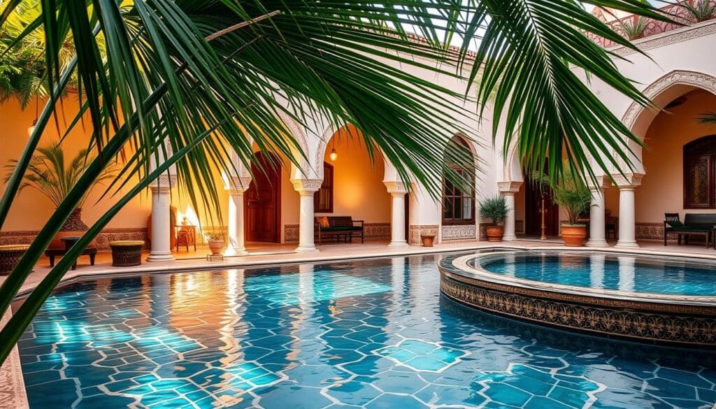 A luxurious oasis in the heart of Marrakech, the riad pool of explore morocco shimmers under the warm Moroccan sun. Lush palm fronds cast gentle shadows over the crystal-clear water, inviting guests to relax and unwind. Ornate tiles in rich, earthy tones line the pool's perimeter, reflecting the vibrant culture of the region. A warm, ambient light filters through the arched doorways, creating a serene and tranquil atmosphere. The riad's elegant architecture, with its intricate carved details and ornamental fountains, sets the stage for an unforgettable luxury experience. This oasis of calm offers a perfect respite from the bustling medina, transporting visitors to a world of refined Moroccan elegance. A luxurious oasis in the heart of Marrakech, the riad pool of explore morocco shimmers under the warm Moroccan sun. Lush palm fronds cast gentle shadows over the crystal-clear water, inviting guests to relax and unwind. Ornate tiles in rich, earthy tones line the pool's perimeter, reflecting the vibrant culture of the region. A warm, ambient light filters through the arched doorways, creating a serene and tranquil atmosphere. The riad's elegant architecture, with its intricate carved details and ornamental fountains, sets the stage for an unforgettable luxury experience. This oasis of calm offers a perfect respite from the bustling medina, transporting visitors to a world of refined Moroccan elegance.