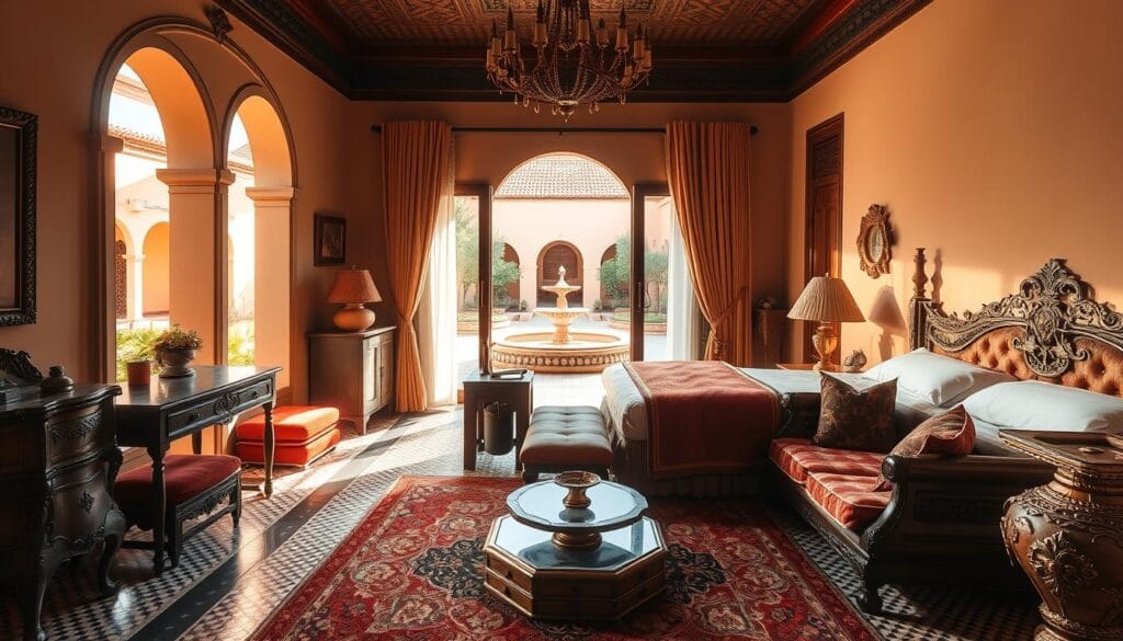 A luxurious riad room in Marrakech, with intricate tiled floors, carved wooden furniture, and ornate brass fixtures. Sunlight streams through arched windows, casting warm, golden hues across the space. Plush textiles in rich, jewel-toned colors adorn the bed and seating areas, creating a cozy, inviting atmosphere. The room overlooks a serene courtyard garden, where a tranquil fountain provides a soothing soundtrack. Explore Morocco's finest accommodations in this stunning, quintessentially Moroccan oasis. A luxurious riad room in Marrakech, with intricate tiled floors, carved wooden furniture, and ornate brass fixtures. Sunlight streams through arched windows, casting warm, golden hues across the space. Plush textiles in rich, jewel-toned colors adorn the bed and seating areas, creating a cozy, inviting atmosphere. The room overlooks a serene courtyard garden, where a tranquil fountain provides a soothing soundtrack. Explore Morocco's finest accommodations in this stunning, quintessentially Moroccan oasis.