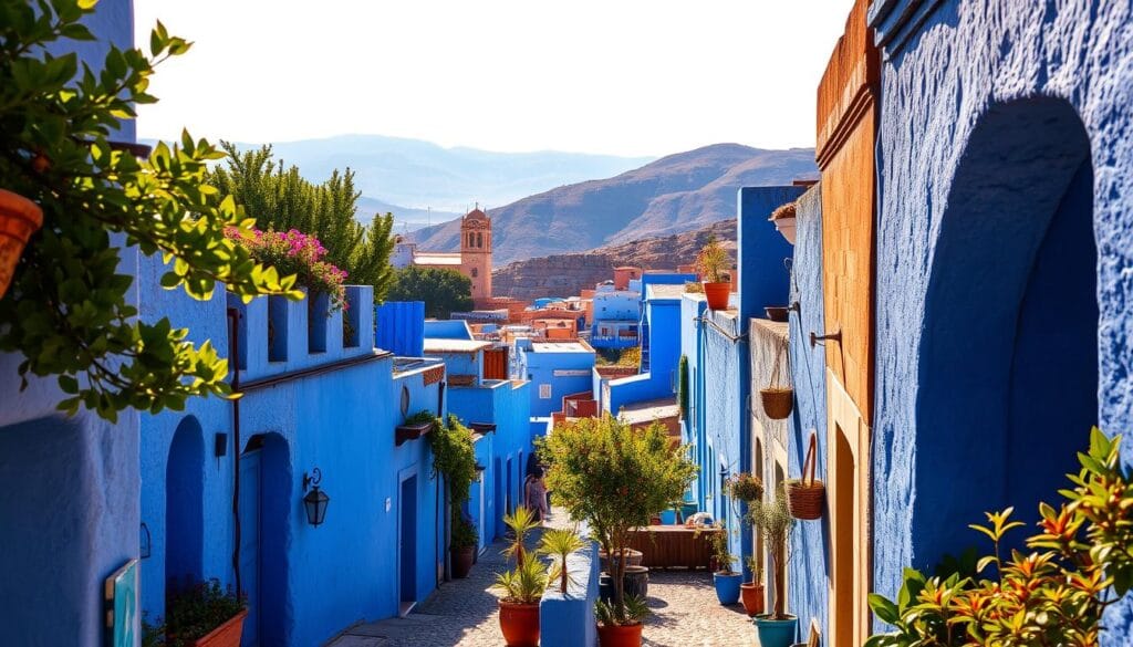 A picturesque vista of Chefchaouen, Morocco's iconic blue-washed city. In the foreground, narrow alleyways wind through a maze of cobalt-colored buildings, their vibrant hues casting warm shadows across the sun-dappled streets. Potted plants and ornate archways frame the scene, adding charming details. At the middle ground, the iconic Medina walls and clock tower rise up, their intricate patterns and textures captured in rich detail. In the background, rugged, tree-covered hills frame the city, their lush greenery providing a striking contrast to the vivid blues. Soft, diffused natural lighting bathes the entire landscape, creating a dreamlike, serene atmosphere that evokes the enchanting, one-of-a-kind essence of Chefchaouen. vista of Chefchaouen, Morocco's iconic blue-washed city. In the foreground, narrow alleyways wind through a maze of cobalt-colored buildings, their vibrant hues casting warm shadows across the sun-dappled streets. Potted plants and ornate archways frame the scene, adding charming details. At the middle ground, the iconic Medina walls and clock tower rise up, their intricate patterns and textures captured in rich detail. In the background, rugged, tree-covered hills frame the city, their lush greenery providing a striking contrast to the vivid blues. Soft, diffused natural lighting bathes the entire landscape, creating a dreamlike, serene atmosphere that evokes the enchanting, one-of-a-kind essence of Chefchaouen.