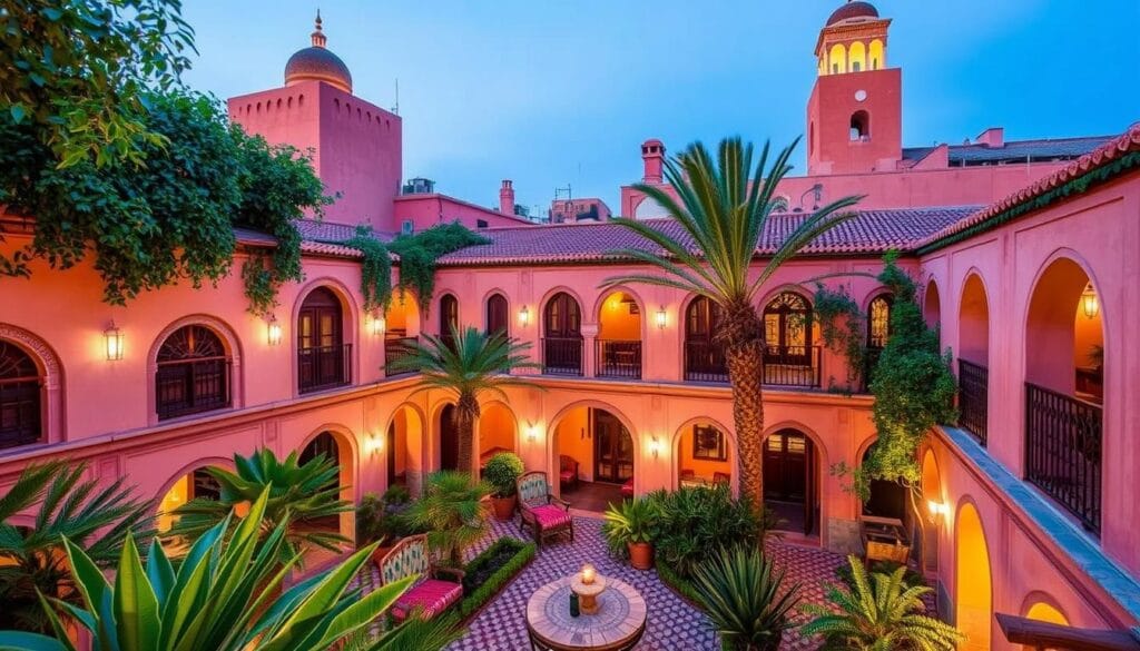 Marrakech accommodation options in the vibrant town centre: A cozy, intimate riad with traditional Moroccan architecture and lush courtyard gardens. Beautiful arched windows, intricate tilework, and warm lighting create a serene, enchanting atmosphere. Charming boutique hotels featuring rooftop terraces offering panoramic views of the bustling medina. Elegant, modern riads blending Berber and European design elements. Peaceful, family-run guesthouses tucked away on quaint, winding streets. A diverse array of accommodation choices, each offering an immersive, authentic Marrakech experience in the heart of the city. Marrakech accommodation options in the vibrant town centre: A cozy, intimate riad with traditional Moroccan architecture and lush courtyard gardens. Beautiful arched windows, intricate tilework, and warm lighting create a serene, enchanting atmosphere. Charming boutique hotels featuring rooftop terraces offering panoramic views of the bustling medina. Elegant, modern riads blending Berber and European design elements. Peaceful, family-run guesthouses tucked away on quaint, winding streets. A diverse array of accommodation choices, each offering an immersive, authentic Marrakech experience in the heart of the city.