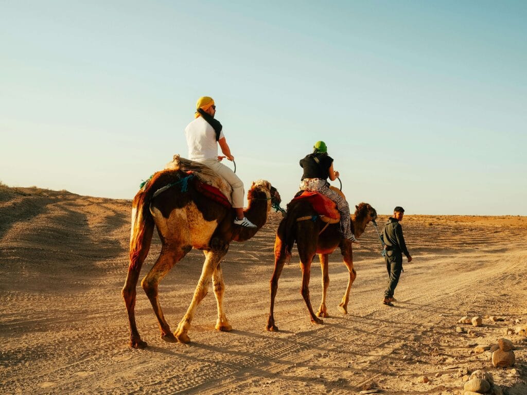 A vibrant desert landscape in Morocco's Sahara, with towering dunes of golden sand stretching towards the horizon. In the foreground, a group of tourists ride camels, their silhouettes framed against the warm, low-angled sunlight. In the middle ground, a traditional Berber camp nestled among the dunes, its colorful tents and rugs visible. The background features a dramatic sky, with wispy clouds tinged with orange and pink hues, creating a serene and otherworldly atmosphere. The scene conveys a sense of adventure, exploration, and the timeless beauty of the Saharan wilderness. Top Morocco Tourist Attractions