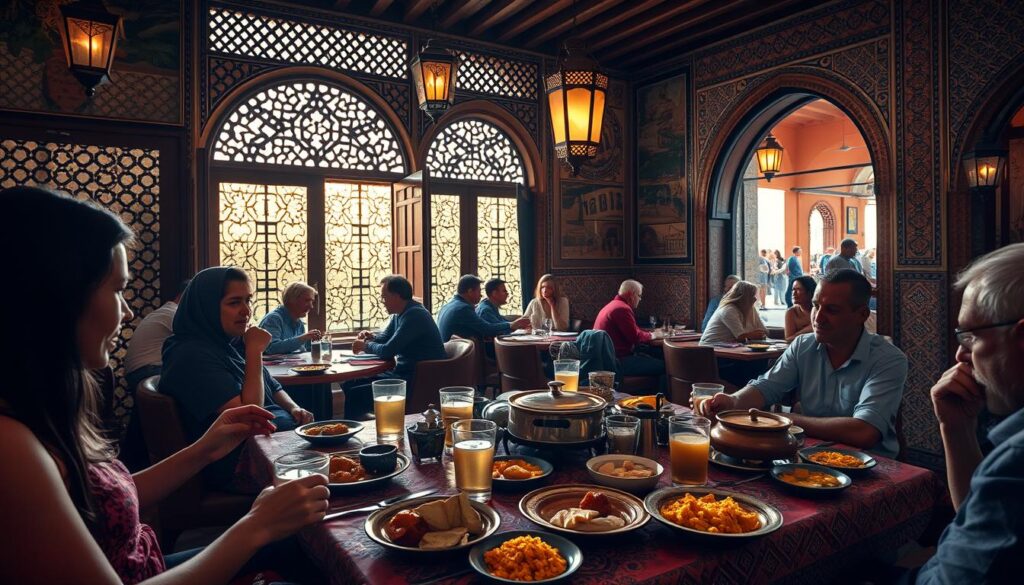 A bustling Moroccan restaurant in Marrakech's vibrant Gueliz district, warm evening light filtering through intricate latticed windows onto a table laden with fragrant tagines, couscous, and glasses of mint tea. Richly decorated walls with ornate tilework and hanging lanterns create an immersive atmosphere, as local patrons converse animatedly. The scene captures the essence of indulging in Marrakech's renowned culinary delights in a charming, authentic setting. A bustling Moroccan restaurant in Marrakech's vibrant Gueliz district, warm evening light filtering through intricate latticed windows onto a table laden with fragrant tagines, couscous, and glasses of mint tea. Richly decorated walls with ornate tilework and hanging lanterns create an immersive atmosphere, as local patrons converse animatedly. The scene captures the essence of indulging in Marrakech's renowned culinary delights in a charming, authentic setting.