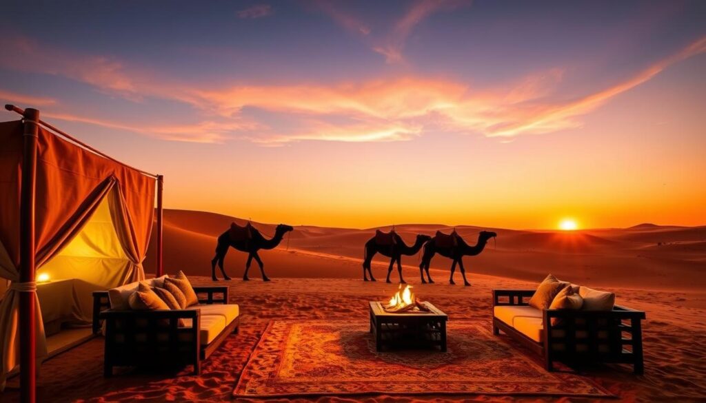 A luxury desert camp in the Sahara with traditional Berber tents and camels silhouetted against the sunset during a Morocco vacation A luxury desert camp in the Sahara with traditional Berber tents and camels silhouetted against the sunset during a Morocco vacation
