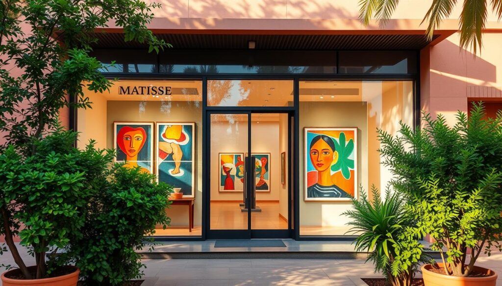A modern art gallery facade in Marrakech, Morocco, with Matisse's iconic colorful paintings displayed in the large windows. The building has a clean, minimalist design with crisp lines and a mix of glass and warm-toned stone. The entrance is framed by lush greenery, creating a serene, inviting atmosphere. Warm, natural lighting filters through the windows, casting a soft glow on the artwork. The scene evokes a sense of quiet contemplation, inviting visitors to step inside and immerse themselves in the vibrant, expressive works of Matisse. things to do in gueliz: A modern art gallery facade in Marrakech, Morocco, with Matisse's iconic colorful paintings displayed in the large windows. The building has a clean, minimalist design with crisp lines and a mix of glass and warm-toned stone. The entrance is framed by lush greenery, creating a serene, inviting atmosphere. Warm, natural lighting filters through the windows, casting a soft glow on the artwork. The scene evokes a sense of quiet contemplation, inviting visitors to step inside and immerse themselves in the vibrant, expressive works of Matisse.