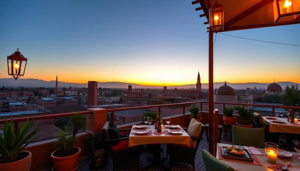A rooftop restaurant in Marrakech with views of the medina and Atlas Mountains during a Morocco vacation A rooftop restaurant in Marrakech with views of the medina and Atlas Mountains during a Morocco vacation