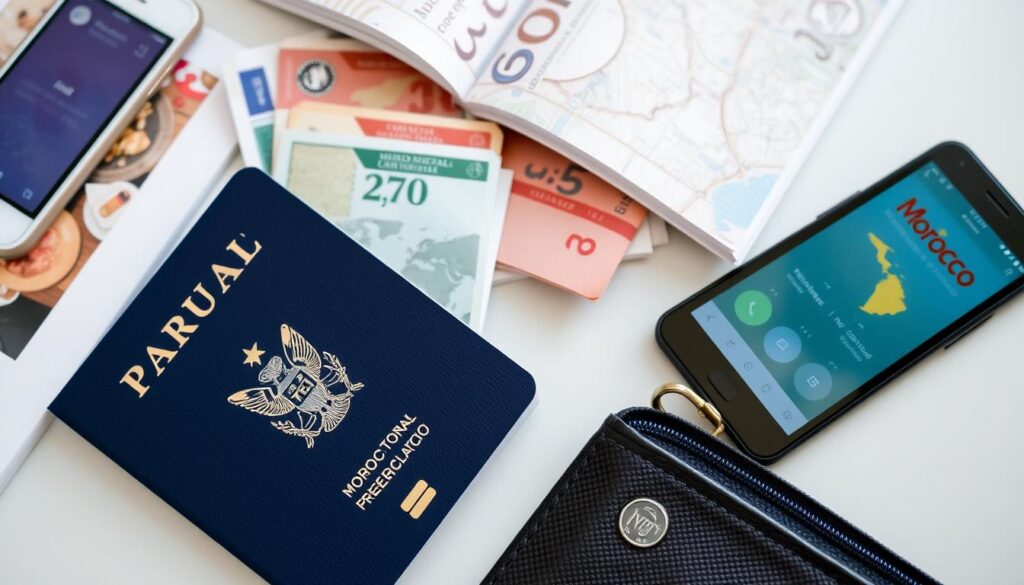 A traveler exchanging currency and organizing travel documents for their Morocco vacation A traveler exchanging currency and organizing travel documents for their Morocco vacation