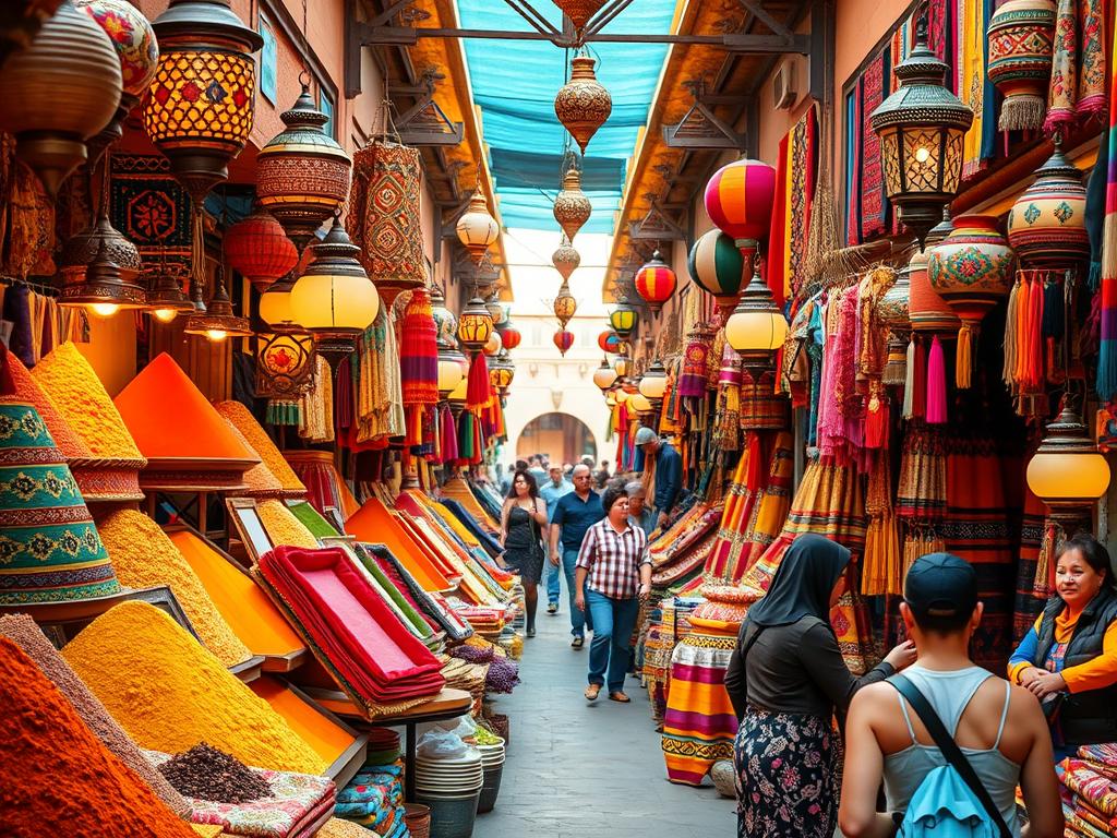 A vibrant Moroccan souk with colorful textiles, spices, and handicrafts on display during a Morocco vacation A vibrant Moroccan souk with colorful textiles, spices, and handicrafts on display during a Morocco vacation