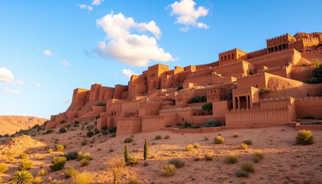 Ancient kasbah of Ait Ben Haddou in Morocco with mud-brick fortress on hillside Ancient kasbah of Ait Ben Haddou in Morocco with mud-brick fortress on hillside