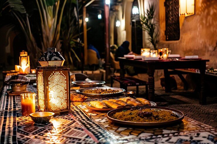 A bustling, open-air restaurant nestled in the vibrant heart of Marrakech's ancient medina. Sunlight filters through the ornate archways, casting a warm glow on the intricately tiled floors and rich, jewel-toned fabrics that adorn the seating areas. In the foreground, a lively scene of locals and visitors alike enjoying traditional Moroccan fare - steaming tagines, fragrant couscous, and fresh, vibrant salads. The middle ground showcases the restaurant's signature architectural elements, such as ornate, carved wooden screens and intricate, patterned tile work. In the background, the iconic, snow-capped Atlas Mountains provide a stunning, cinematic backdrop, hinting at the ancient, mystical allure of this enchanting city. The overall atmosphere is one of authentic, immersive culinary discovery, inviting the viewer to step into the heart of Marrakech's renowned food culture. marrakech restaurant