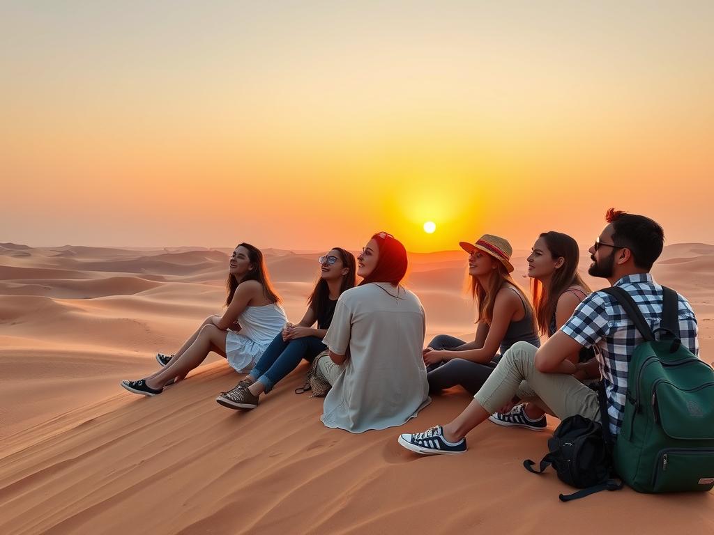 Budget travelers enjoying sunset on sand dunes during a Morocco desert tour Budget travelers enjoying sunset on sand dunes during a Morocco desert tour