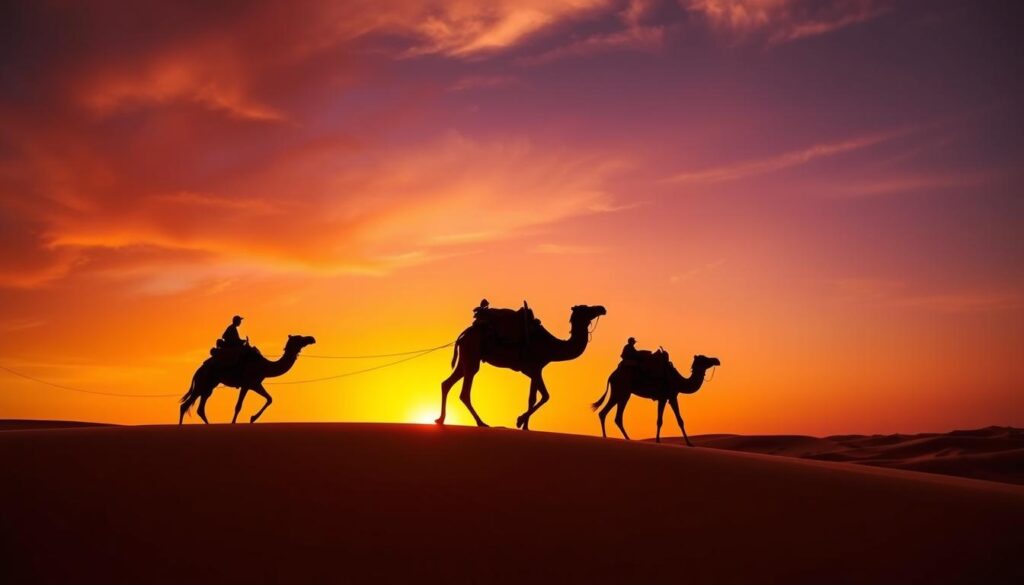Camel caravan trekking across Sahara Desert dunes at sunset with silhouettes against orange sky Camel caravan trekking across Sahara Desert dunes at sunset with silhouettes against orange sky
