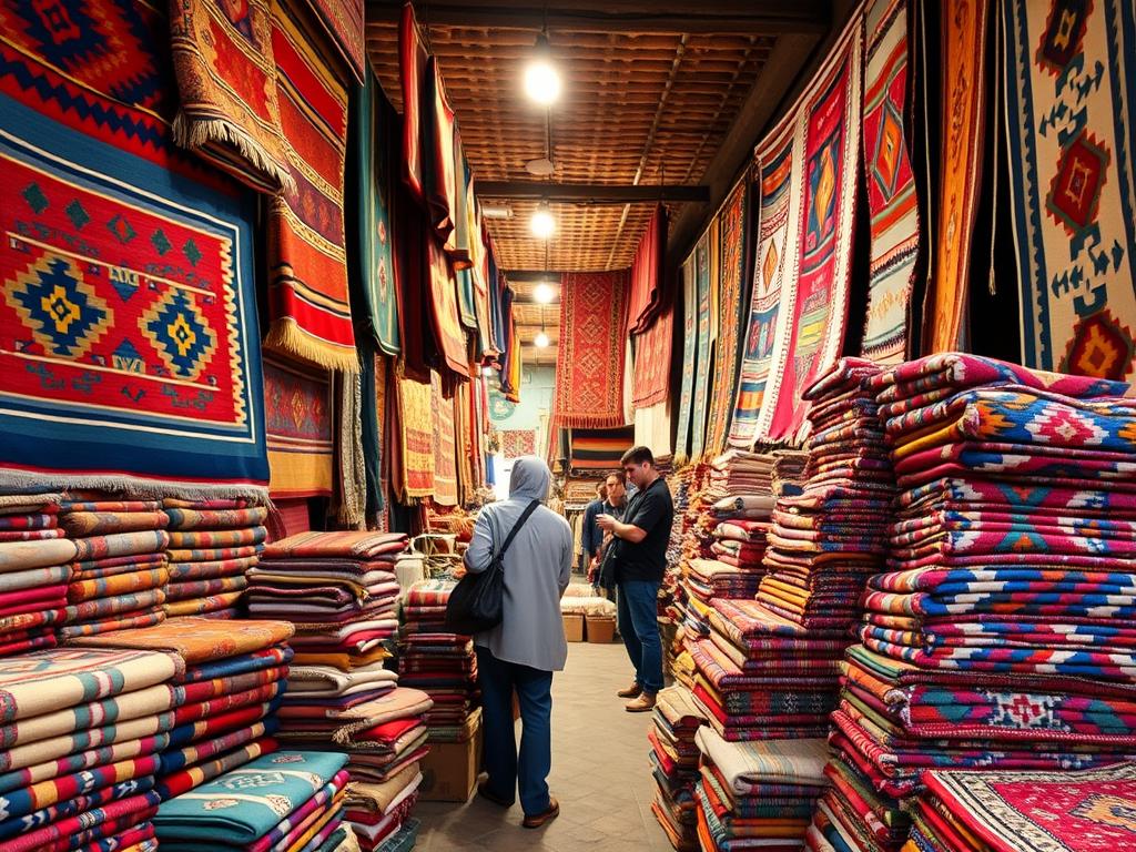 Colorful Moroccan carpets and textiles displayed in a souk during a Morocco vacation Colorful Moroccan carpets and textiles displayed in a souk during a Morocco vacation