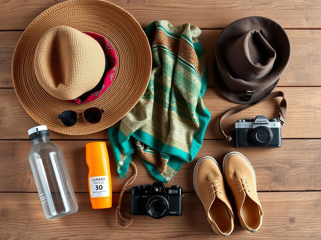 Essential packing items for a Morocco desert tour including hat, scarf, sunglasses, and water bottle Essential packing items for a Morocco desert tour including hat, scarf, sunglasses, and water bottle