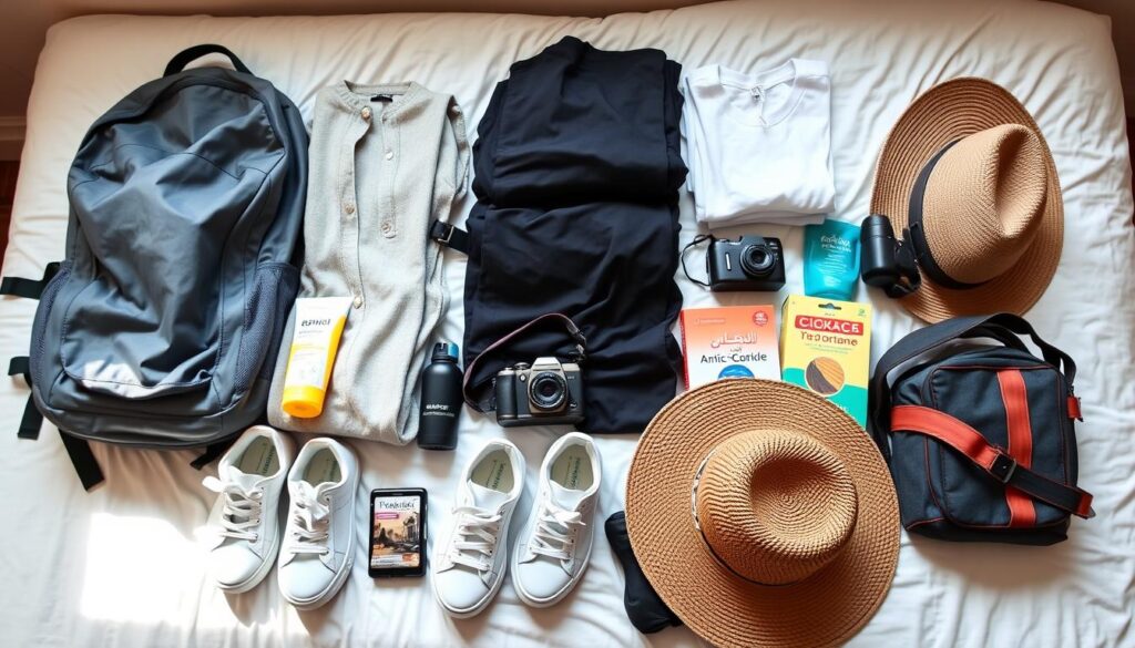 Essential travel gear laid out for a trip to Morocco Essential travel gear laid out for a trip to Morocco