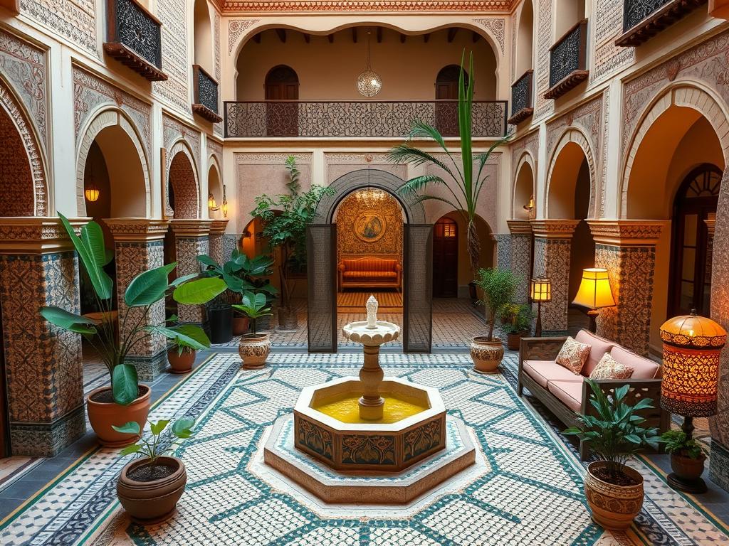 Interior courtyard of a traditional Moroccan riad with fountain, tilework, and comfortable seating areas for a luxury Morocco vacation experience Interior courtyard of a traditional Moroccan riad with fountain, tilework, and comfortable seating areas for a luxury Morocco vacation experience