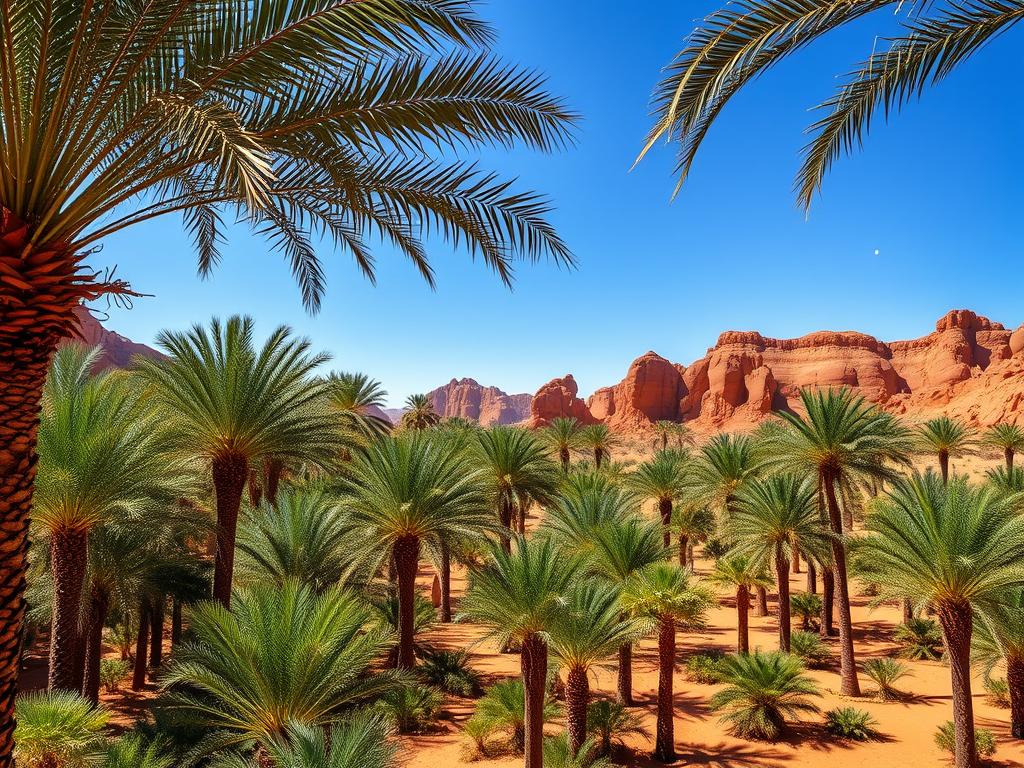 Lush palm oasis in Moroccan desert with green palm trees contrasting against red rock formations Lush palm oasis in Moroccan desert with green palm trees contrasting against red rock formations