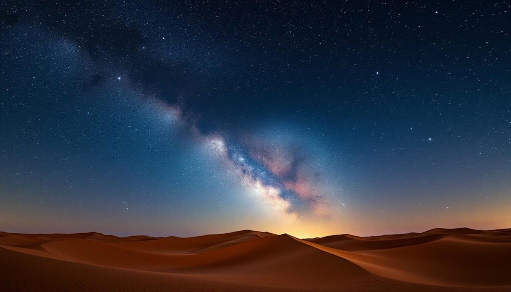 Night sky full of stars over Sahara Desert sand dunes with Milky Way clearly visible Night sky full of stars over Sahara Desert sand dunes with Milky Way clearly visible