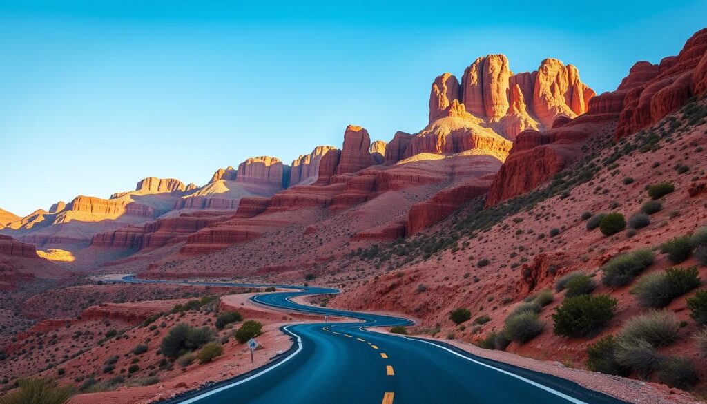 Road through Atlas Mountains on Morocco desert tour route with winding path and dramatic scenery Road through Atlas Mountains on Morocco desert tour route with winding path and dramatic scenery