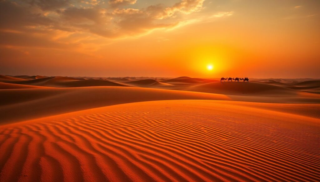 Sunset over Moroccan desert landscape, inspiring travel to Morocco Sunset over Moroccan desert landscape, inspiring travel to Morocco
