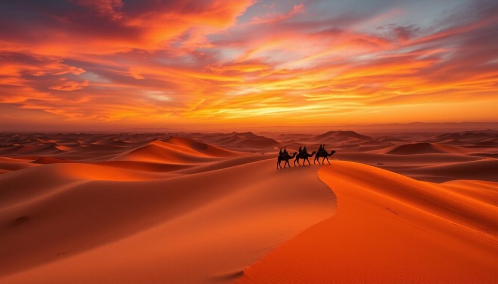 Sunset over the Sahara Desert with silhouettes of camels and travelers enjoying their Morocco vacation Sunset over the Sahara Desert with silhouettes of camels and travelers enjoying their Morocco vacation