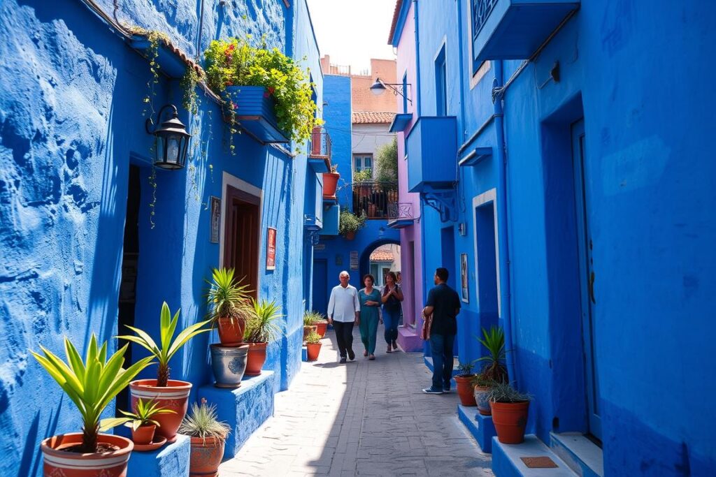 The blue-washed streets of Chefchaouen with locals and tourists exploring the picturesque alleyways during a Morocco vacation The blue-washed streets of Chefchaouen with locals and tourists exploring the picturesque alleyways during a Morocco vacation