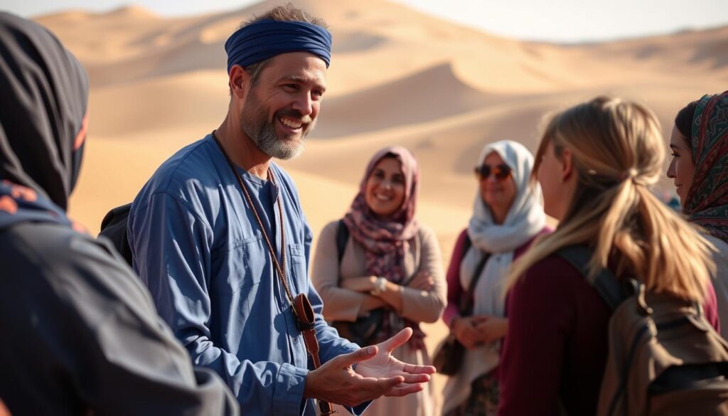 Tour guide explaining desert features to tourists on a Morocco desert tour Tour guide explaining desert features to tourists on a Morocco desert tour