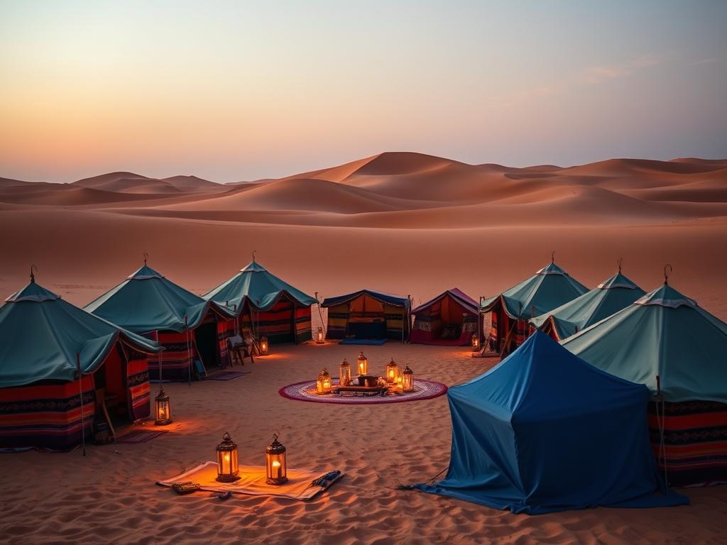 Traditional Berber desert camp with tents arranged in a circle in the Sahara Desert at dusk Traditional Berber desert camp with tents arranged in a circle in the Sahara Desert at dusk