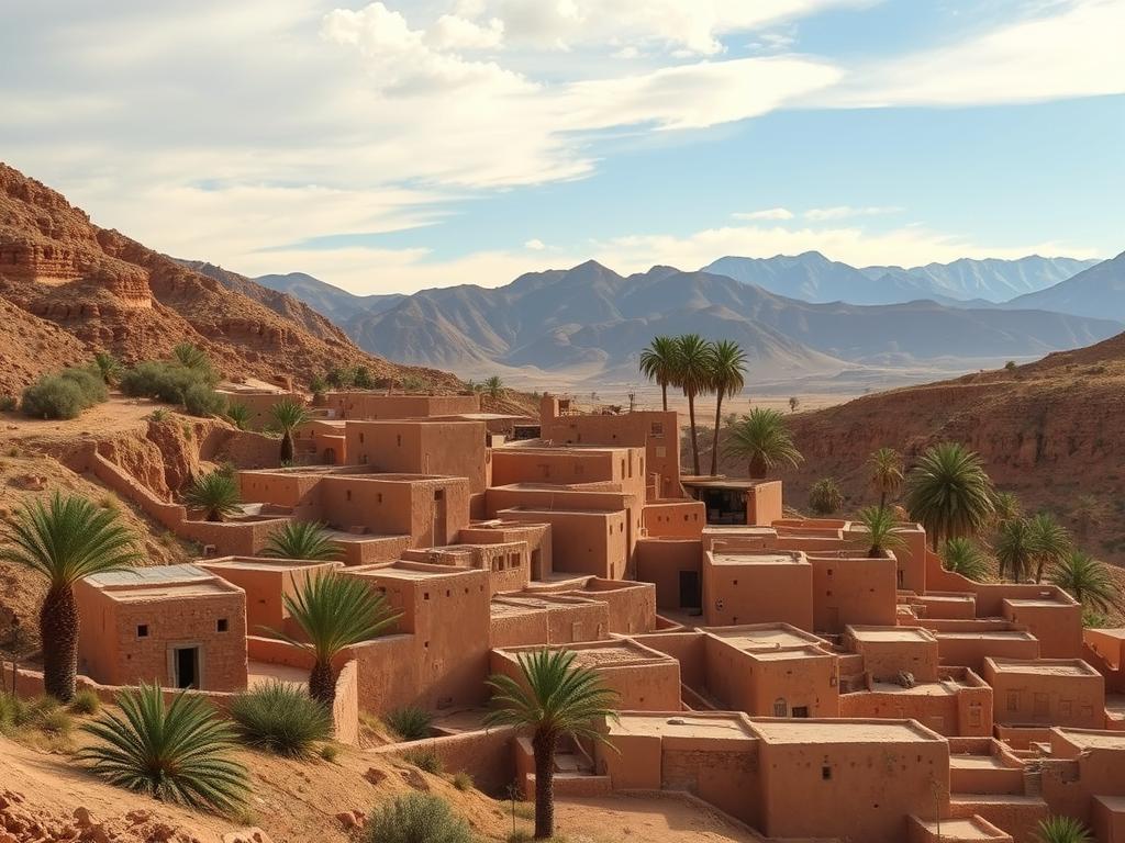 Traditional Berber village with mud-brick houses nestled in a valley in Morocco Traditional Berber village with mud-brick houses nestled in a valley in Morocco