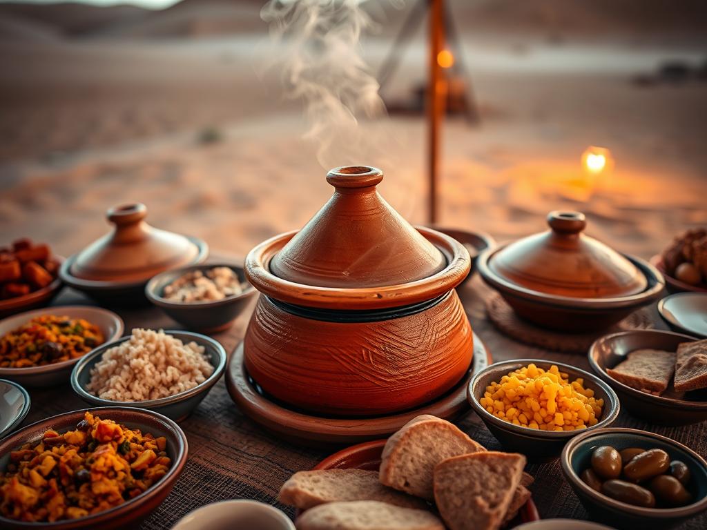 Traditional Moroccan tagine dish being served at a desert camp with couscous and bread Traditional Moroccan tagine dish being served at a desert camp with couscous and bread
