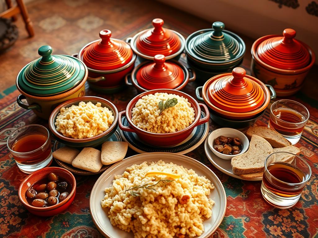 Traditional Moroccan tagine dishes with couscous, bread, and mint tea served during a Morocco vacation Traditional Moroccan tagine dishes with couscous, bread, and mint tea served during a Morocco vacation