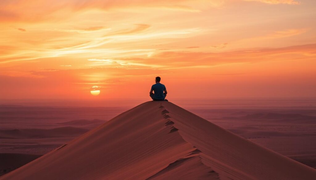 Traveler watching sunrise from top of sand dune in Morocco's Sahara Desert Traveler watching sunrise from top of sand dune in Morocco's Sahara Desert